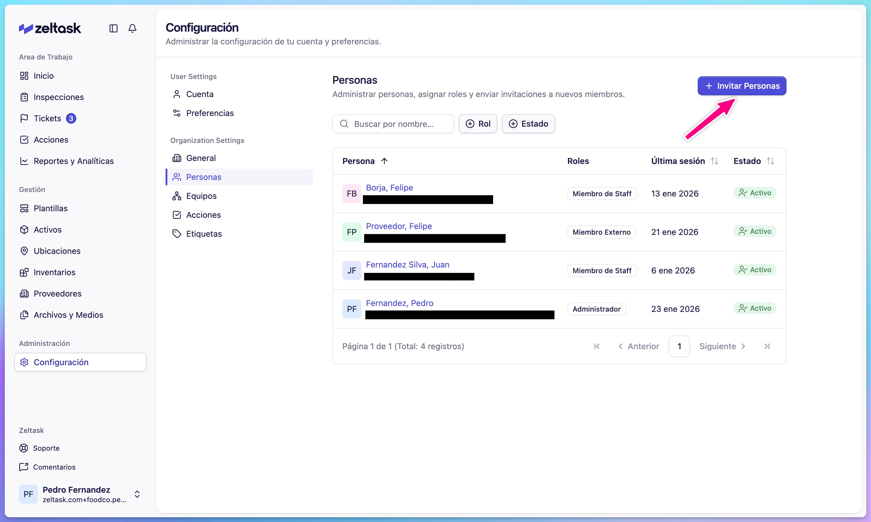 People list with Invite User button highlighted